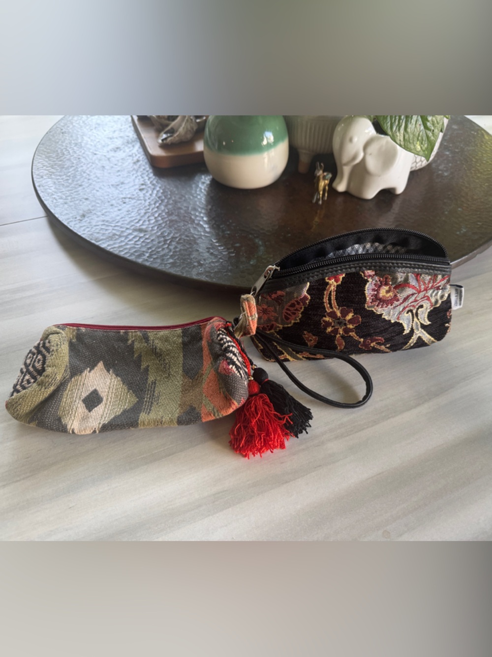 Woven Floral Wristlet in Black & Multicolor and Boho woven cylindrical pouch